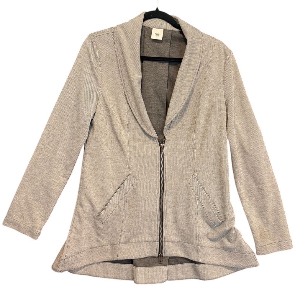 Cabi‎ Minimalist Drop Off Zip Back Blazer Jacket Gray Knit Pinstripe High Low M